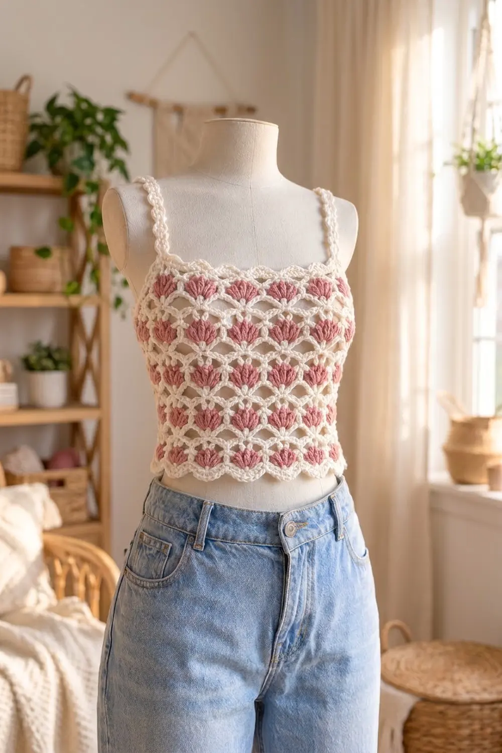 A cream and pink crocheted crop top styled with light blue jeans on a mannequin in a bright, plant-filled bedroom.