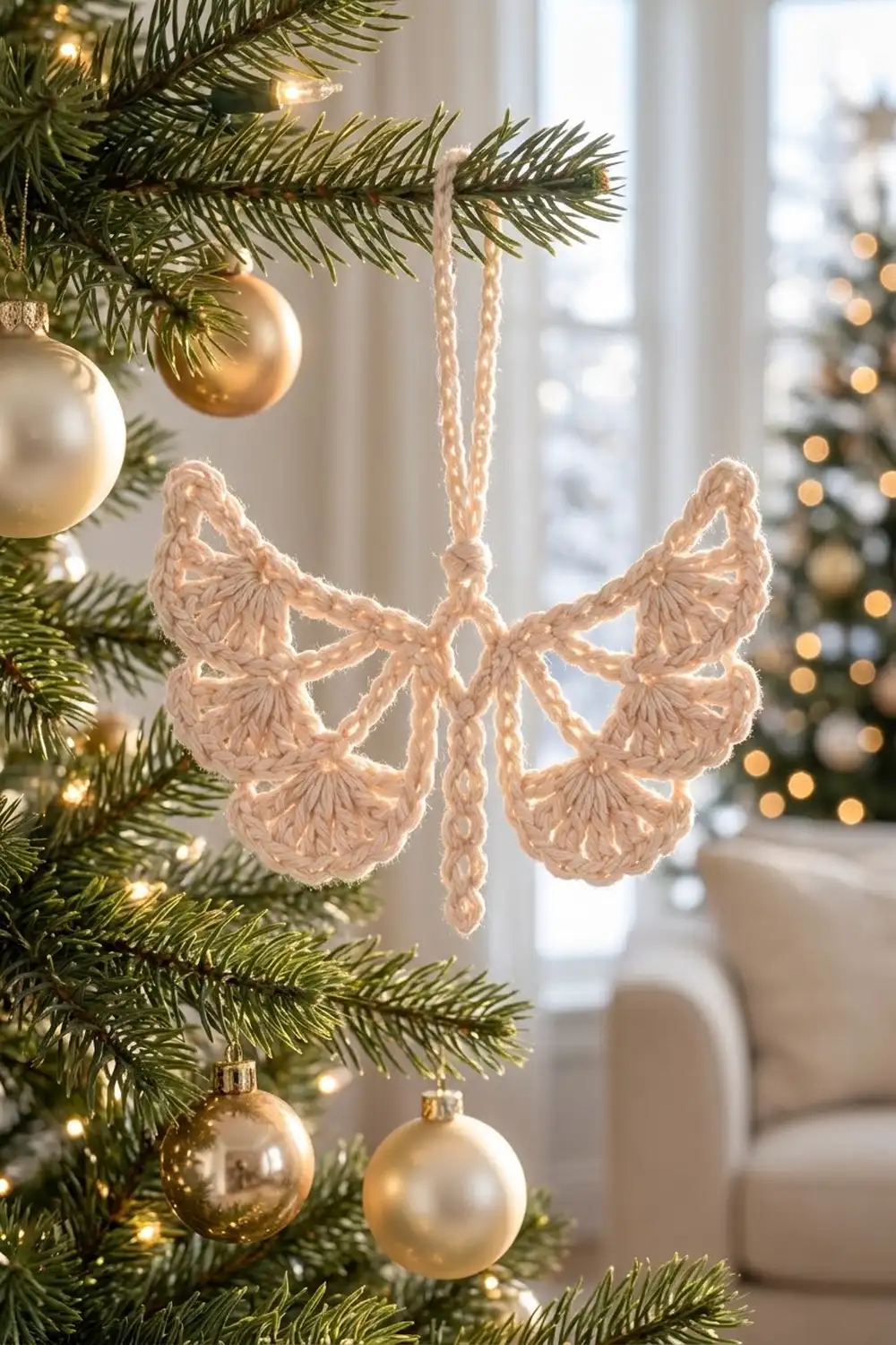 A crocheted beige butterfly ornament hangs from a cream string on an evergreen branch with gold and white baubles.