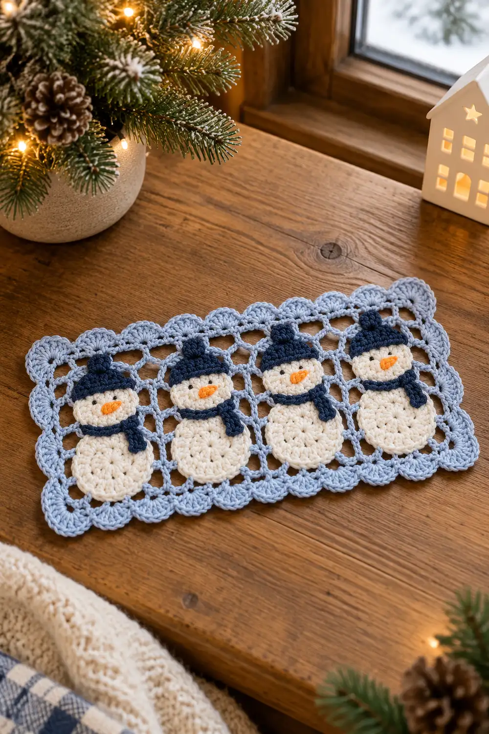A crocheted snowman table runner with blue border and cream snowmen sits on a wooden table amid holiday decorations.