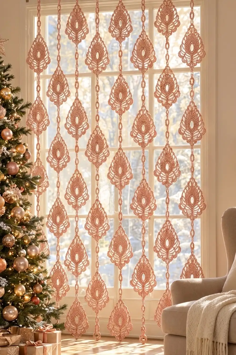 Rose gold lace ornament window curtain displayed on large windows beside a decorated Christmas tree.