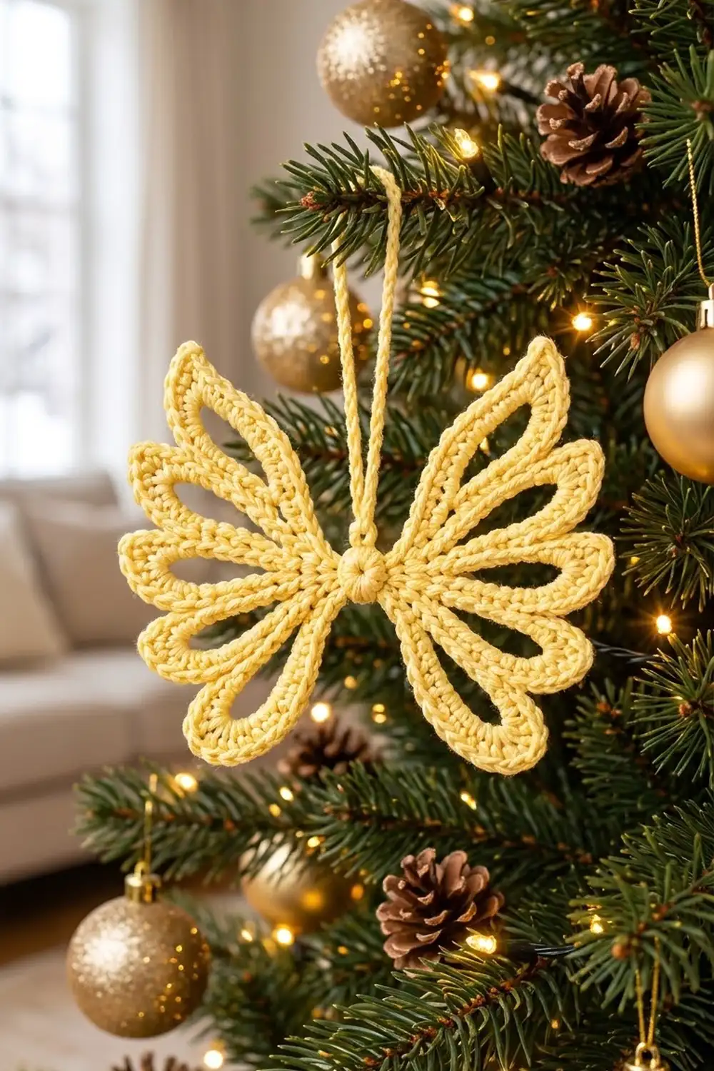 A yellow crocheted snowflake ornament hangs on a Christmas tree with gold baubles and pinecones.