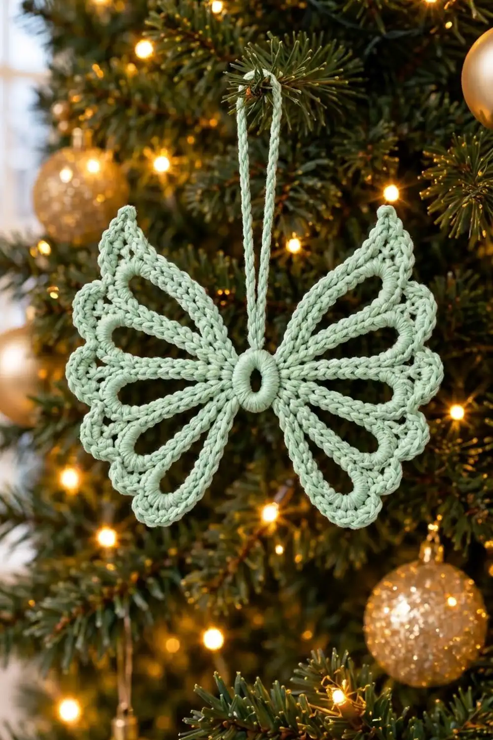 A pale green crocheted butterfly ornament hangs on a Christmas tree with gold lights and ornaments.
