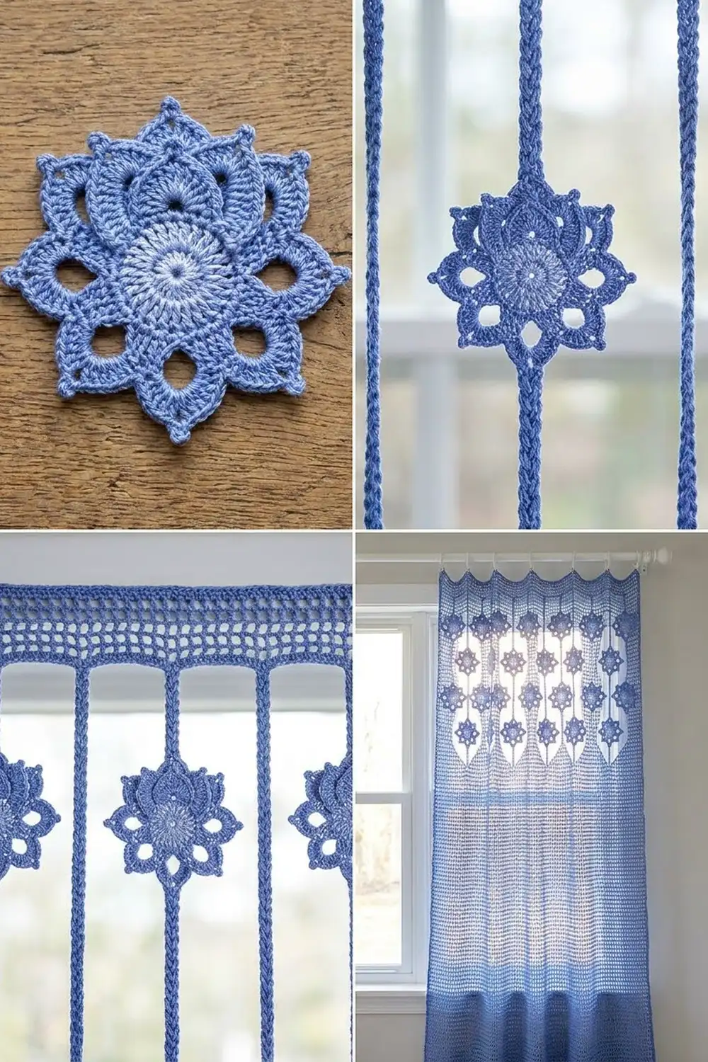 Blue crochet snowflake ornaments and matching window curtain displayed in a home setting.
