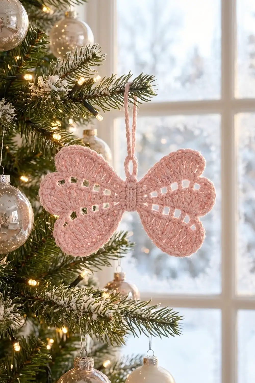 A pink crocheted bow ornament hangs on a decorated Christmas tree near a snowy window.