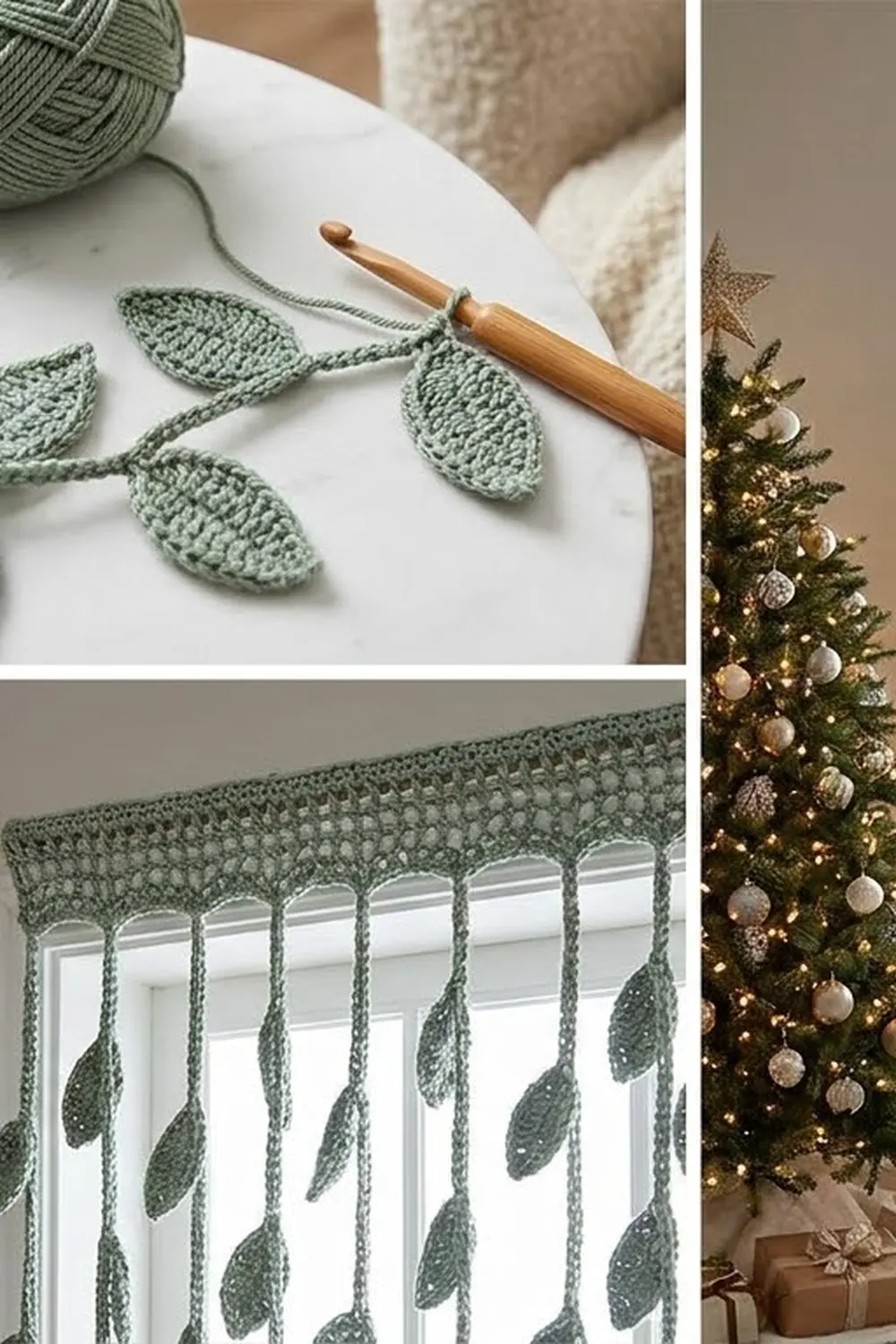 Crocheted sage green leaf ornaments and garland displayed with wooden crochet hook and festive Christmas tree decoration.