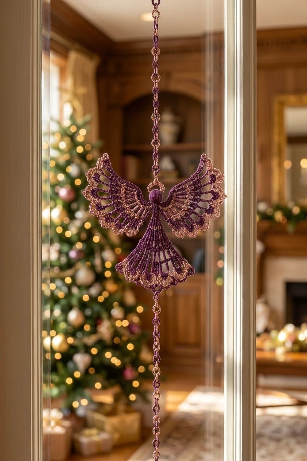 A purple glittery lace angel ornament hangs in a window with a decorated Christmas tree visible behind it.