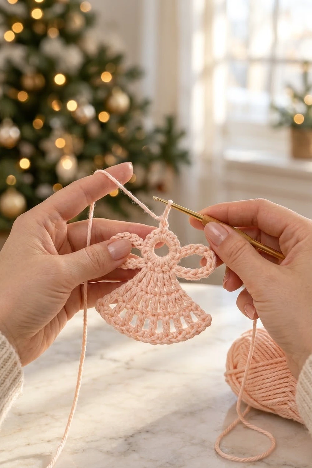 Hands crocheting a delicate pink angel ornament with Christmas tree and decorations blurred in background.