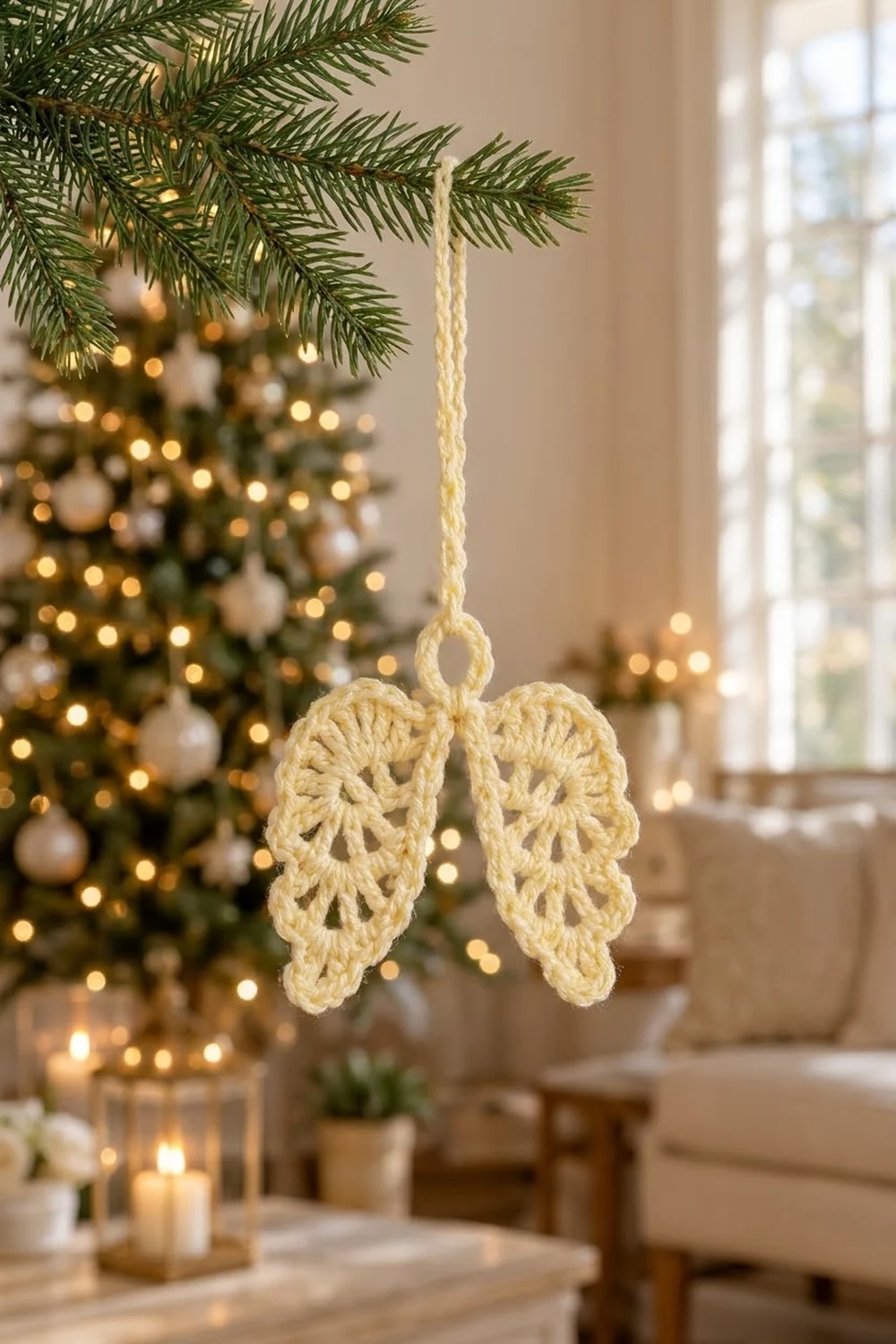 Cream crocheted wing ornament hanging from evergreen branch above decorated Christmas tree with warm lights.