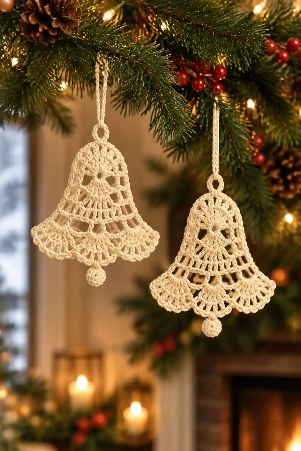 Two cream-colored crocheted bell ornaments hang from white ribbons among evergreen garland with lights and berries.
