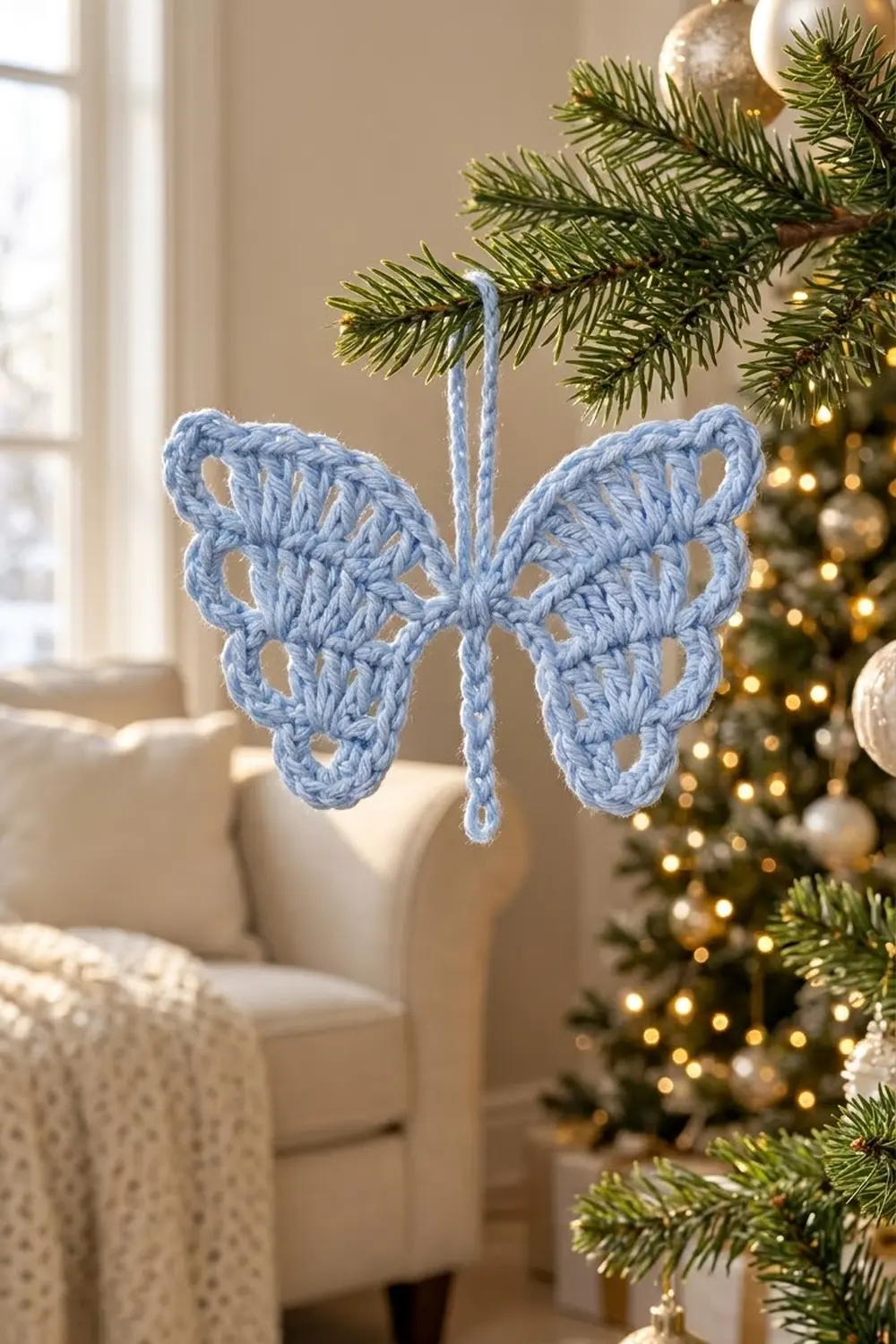 A light blue crocheted butterfly ornament hangs from an evergreen branch on a decorated Christmas tree.