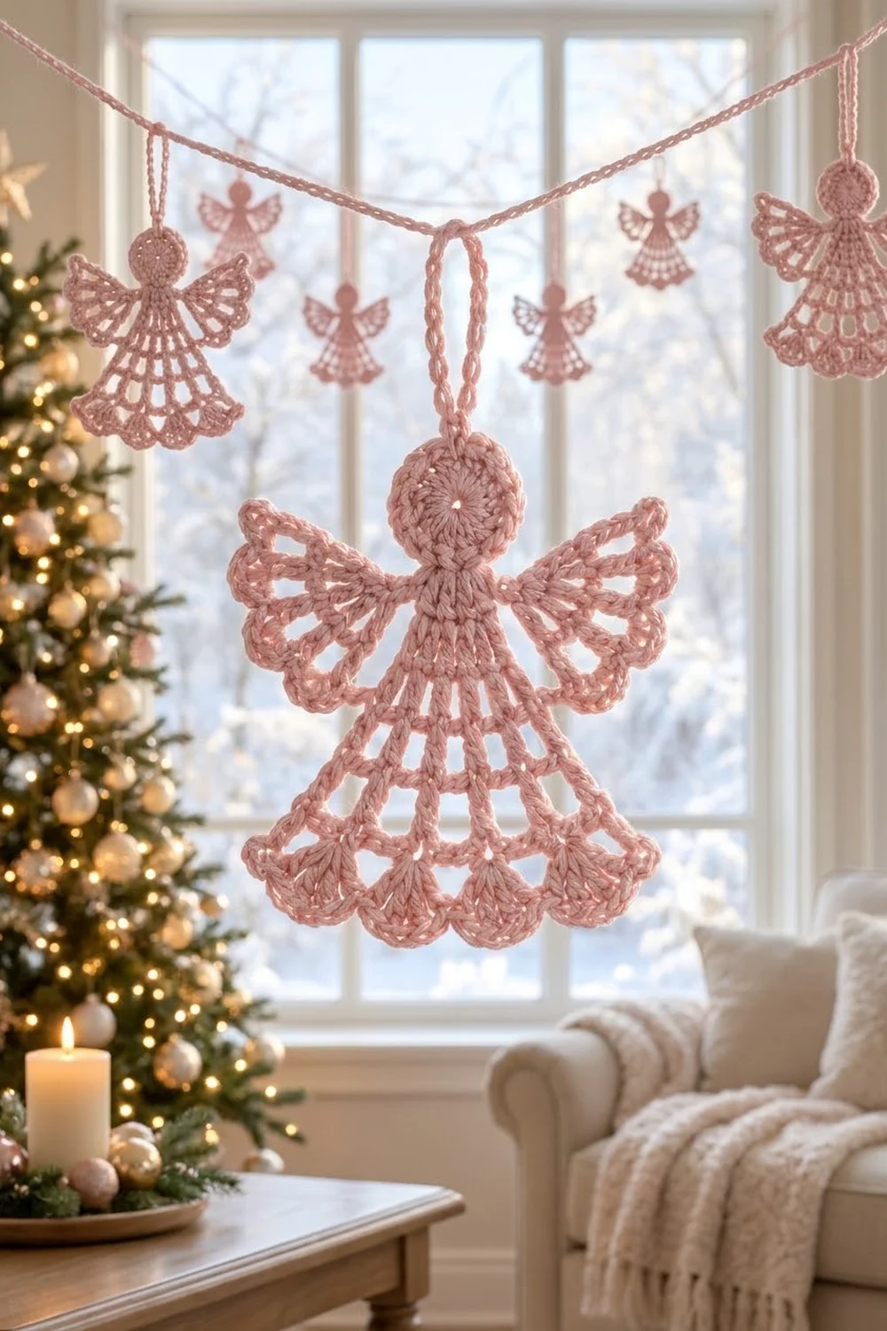 Pink crocheted lace angel ornaments hanging in a window with Christmas tree and winter scenery.