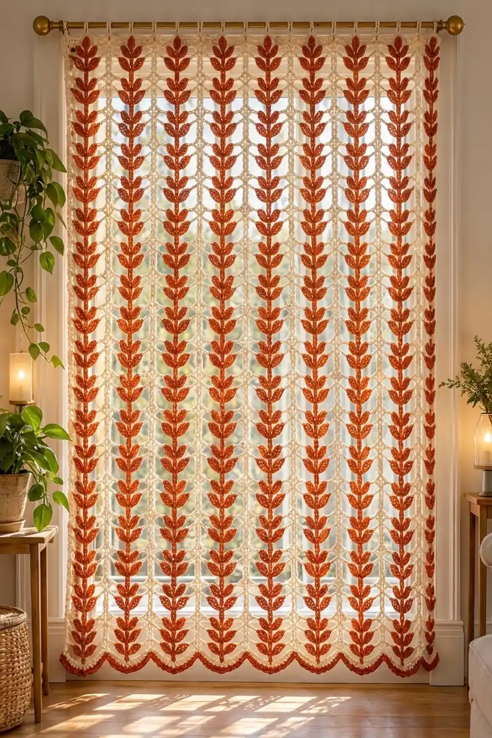 Red and cream damask patterned curtain panel with scalloped hem hung on brass rod in bright room.