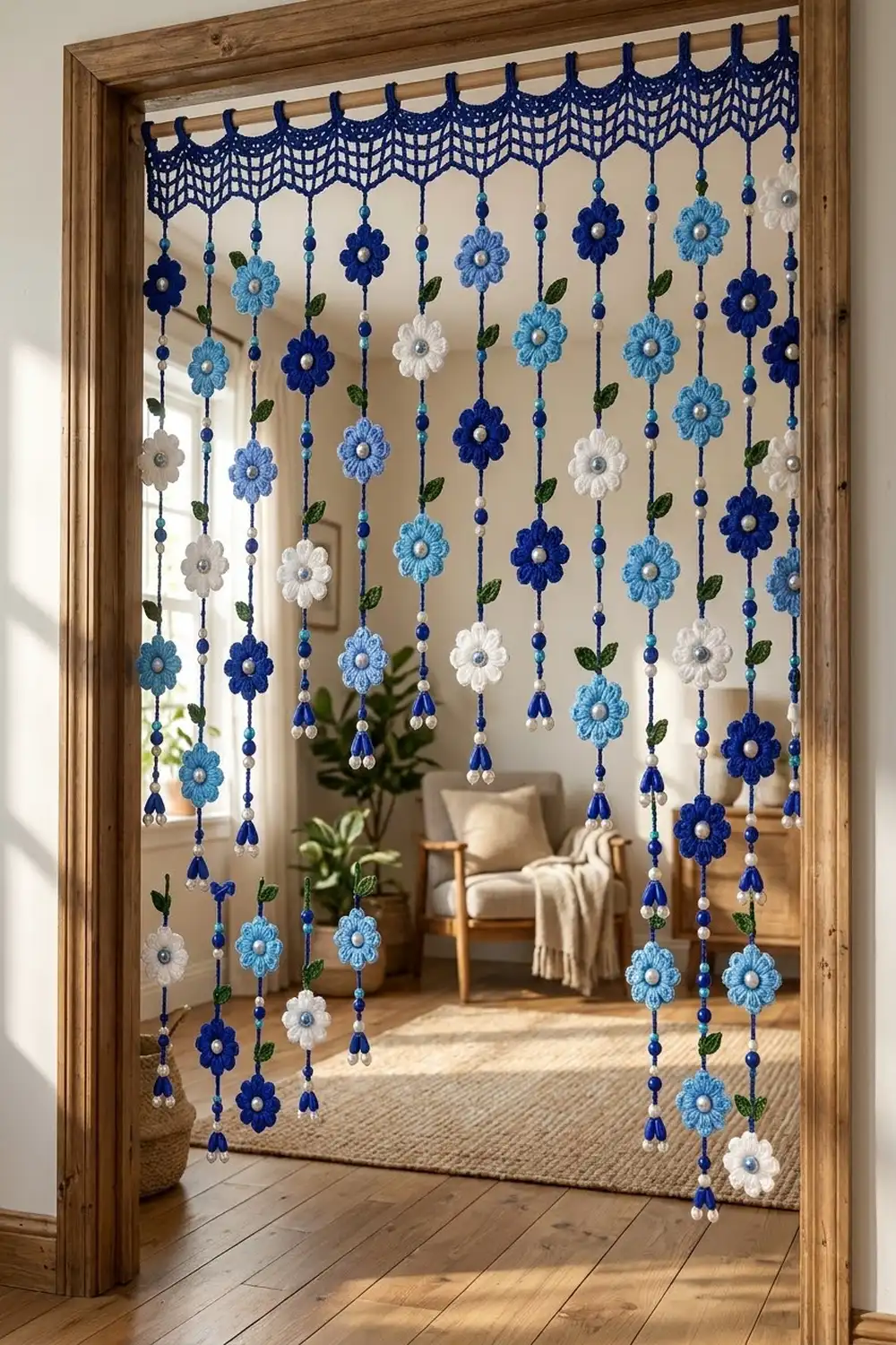 A crocheted doorway curtain with blue, white, and light blue flowers hangs in a wooden frame doorway.