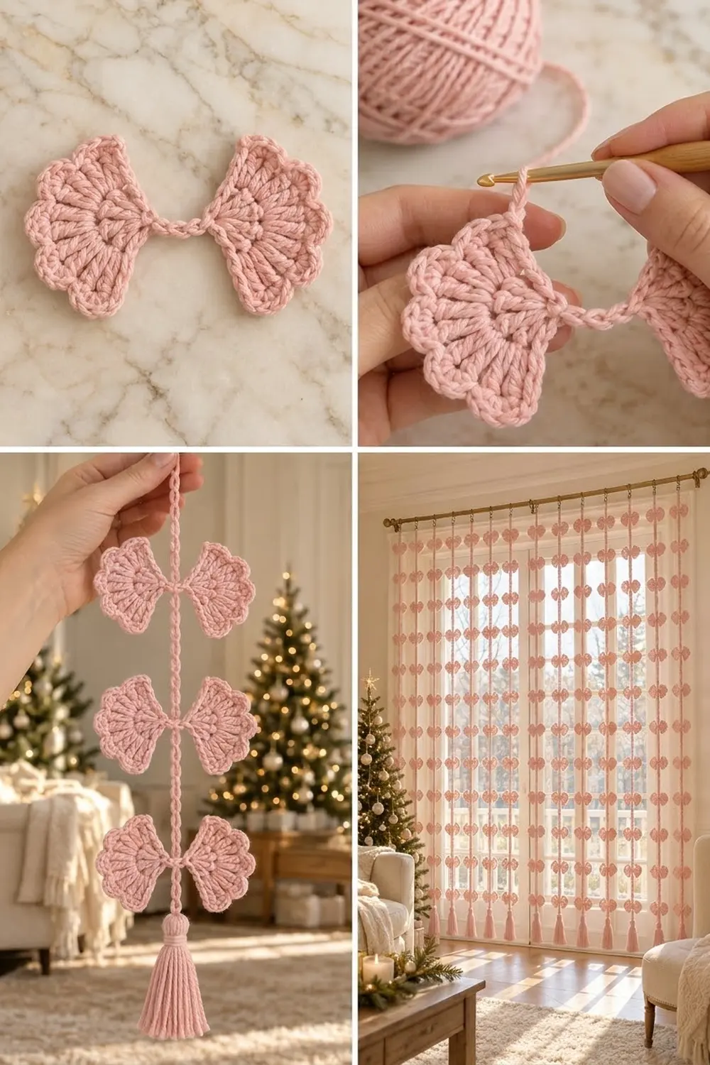 Pink crocheted bow garland with multiple bows on a string displayed as a window curtain decoration in a festive holiday room.