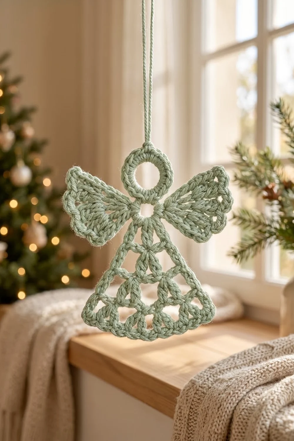 A sage green crocheted angel ornament hangs by string in a sunlit window beside festive holiday decorations.