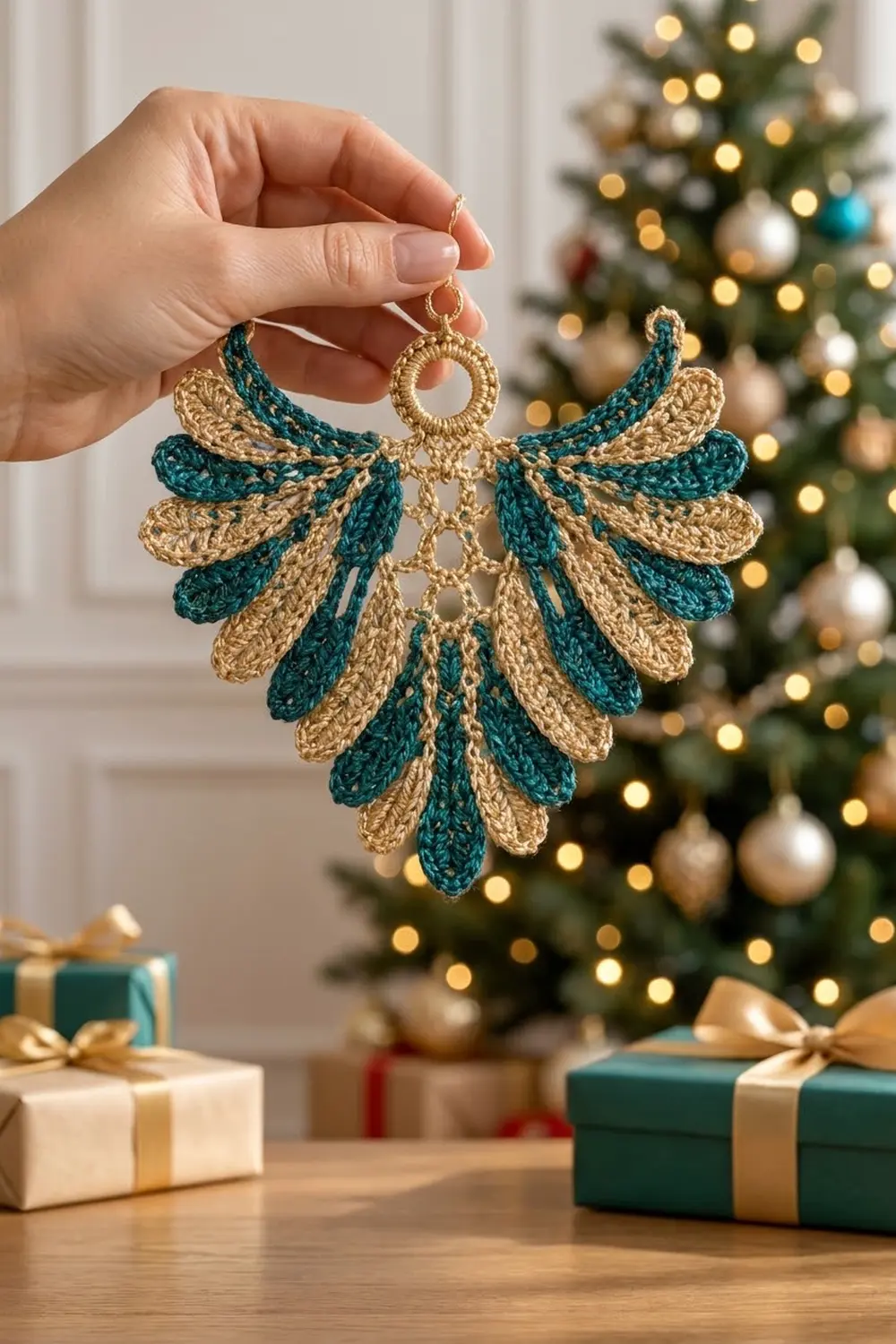 A hand holds a crocheted angel ornament in teal and gold above wrapped gifts near a decorated Christmas tree.