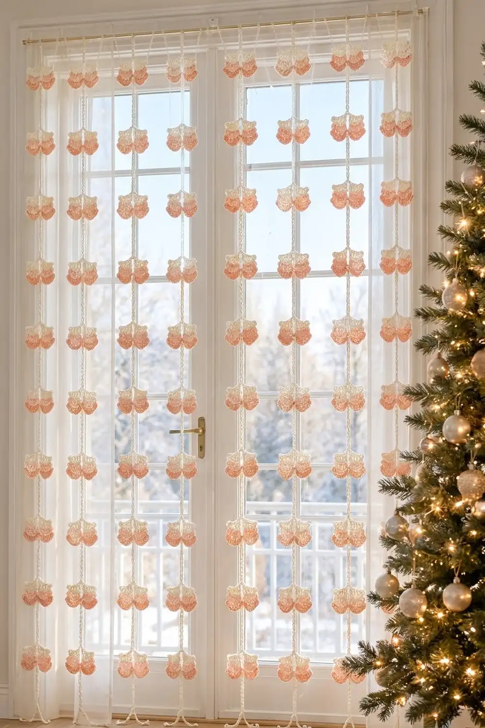Sheer curtain panel with hanging peach glitter ornament pairs on strings, styled beside decorated Christmas tree.