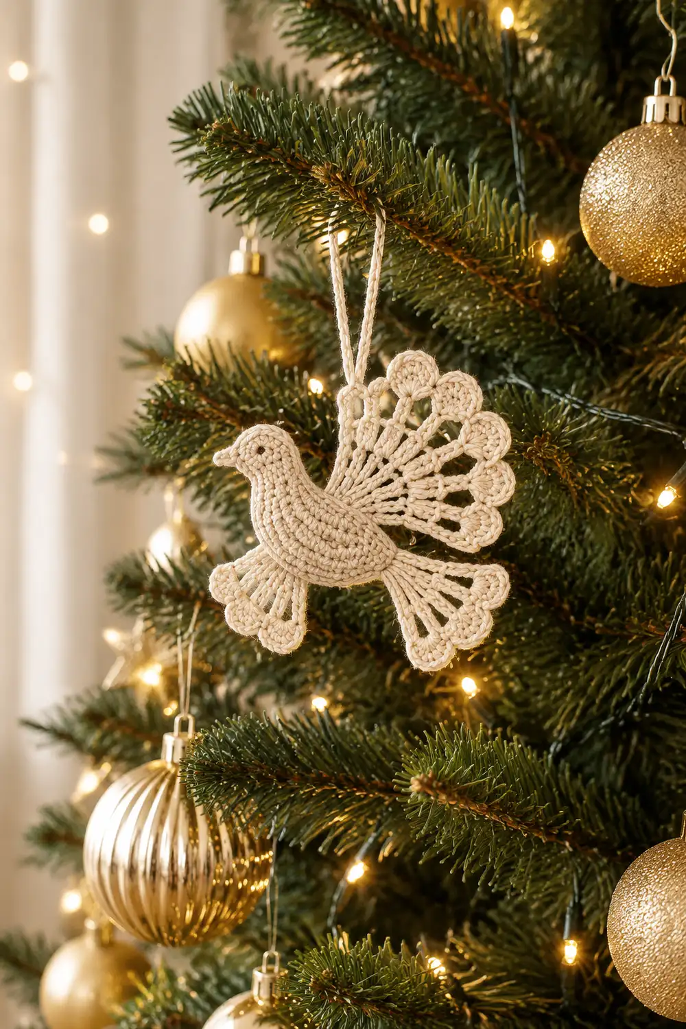 A cream crocheted peacock ornament hangs on a Christmas tree among gold baubles and twinkling lights.