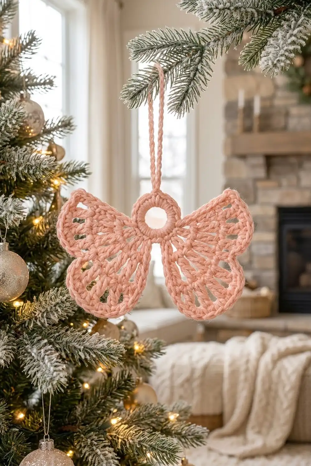 A pink crocheted butterfly ornament hangs from an evergreen branch on a decorated Christmas tree.