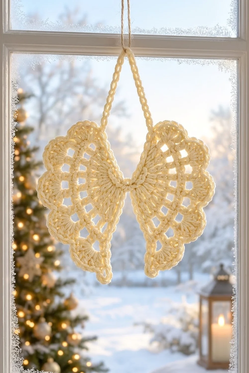 A cream-colored crocheted angel wings ornament hangs from a window with frost and a snowy winter landscape behind it.