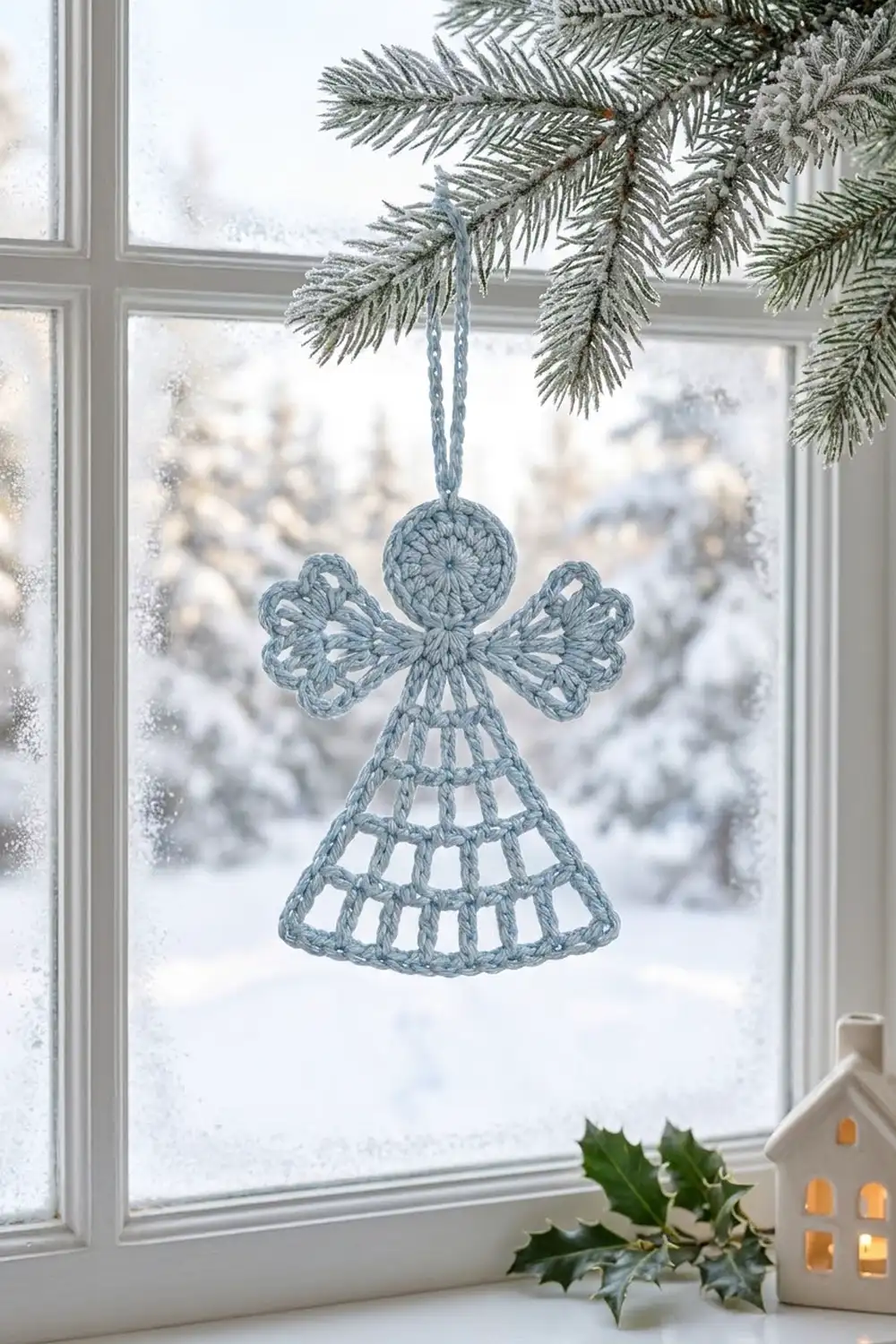 A crocheted blue angel ornament hangs from an evergreen branch against a snowy window.