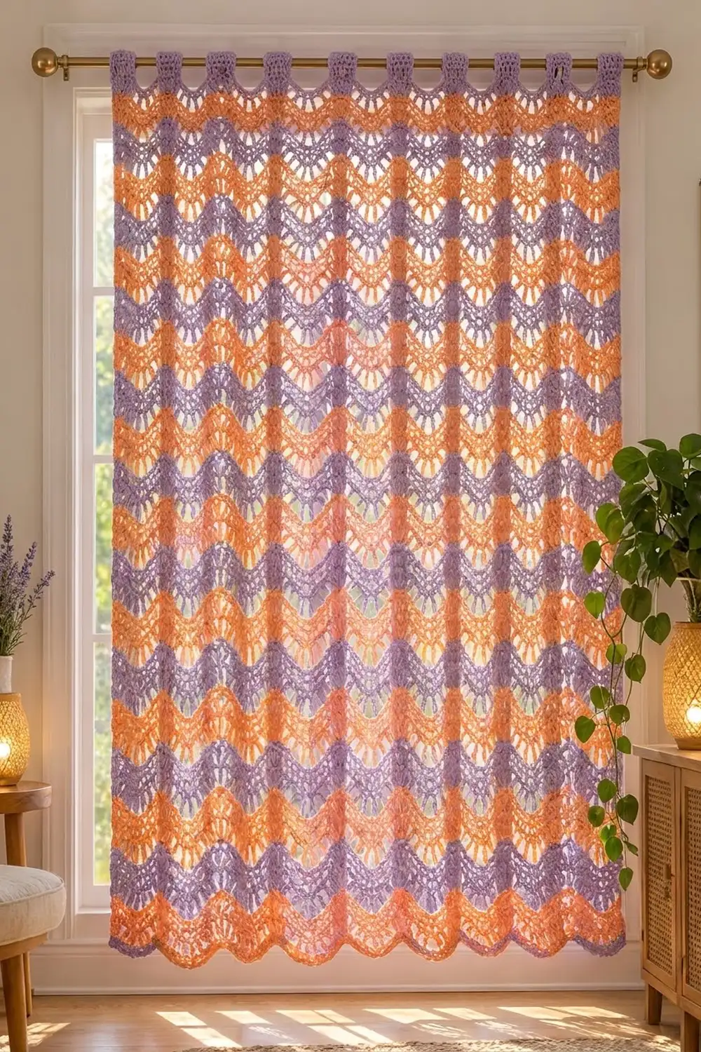 Ornate lace curtain in purple and orange stripes hanging on brass rod over glass door in bright room.