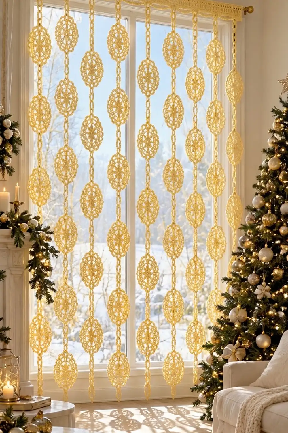 Golden filigree ornament curtain hanging in a bright window with Christmas decorations and evergreen garland.