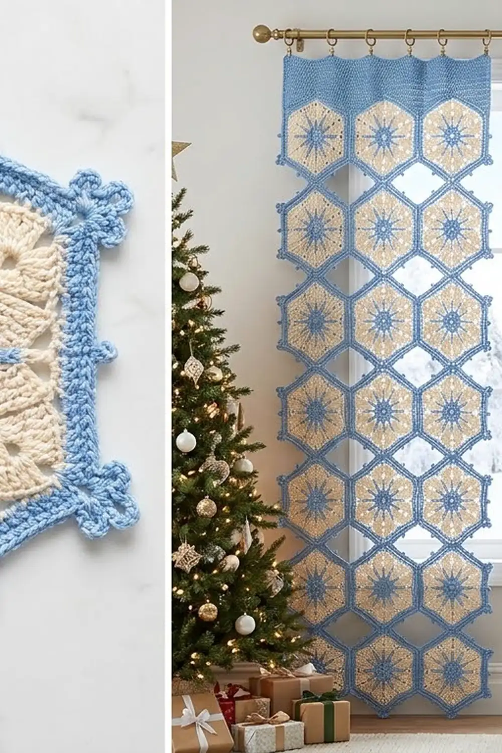 A blue and cream crocheted hexagon curtain with star motifs hangs beside a decorated Christmas tree.