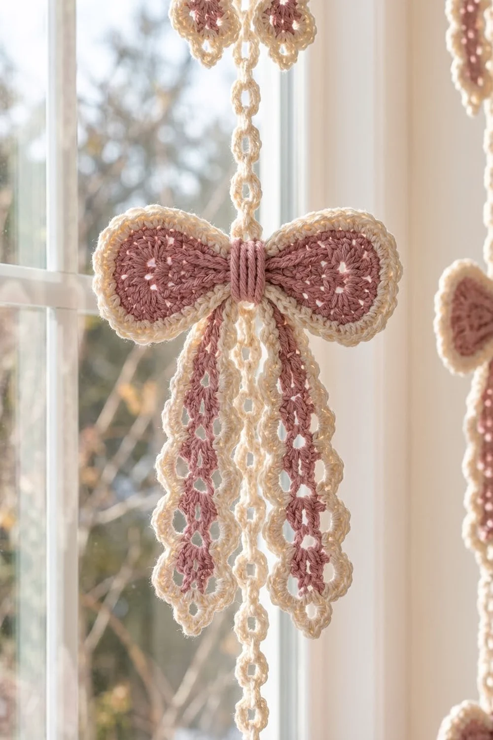 Crocheted ornaments with mauve bows and cream chains hang on a sunny window with trees visible outside.
