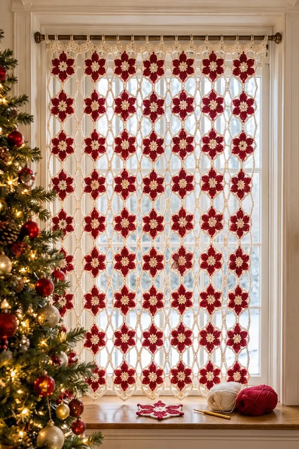 A red and cream crocheted flower curtain hangs in a window beside a decorated Christmas tree with gold lights and ornaments.