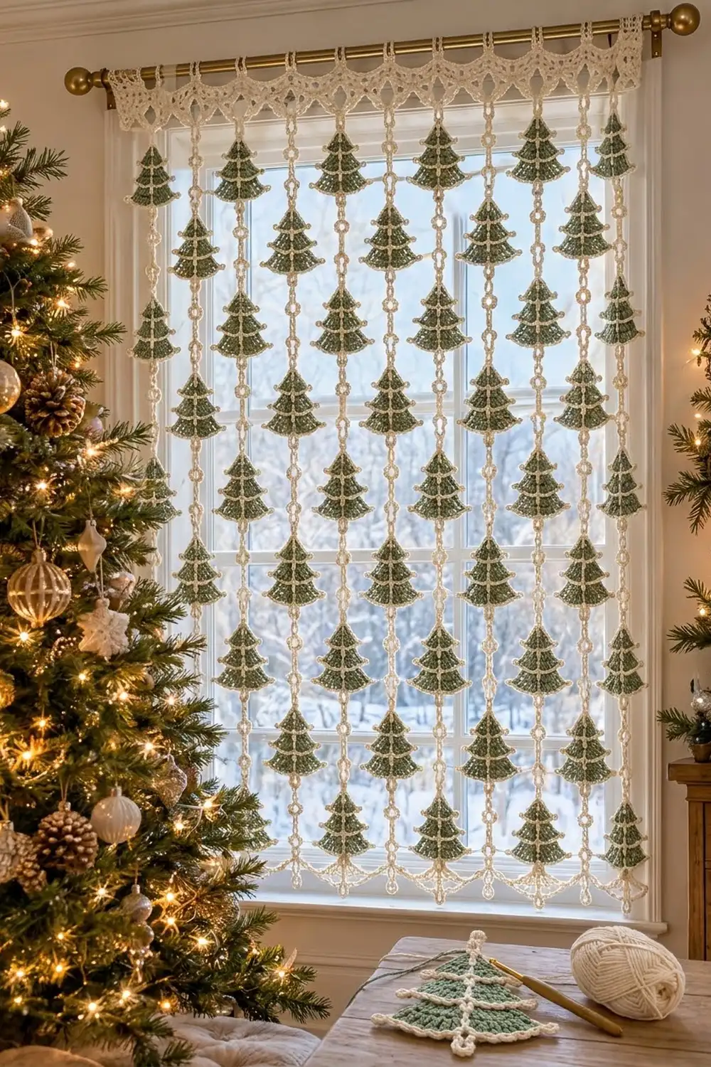 A crocheted Christmas tree curtain with green trees and cream beads hangs in a bright window beside a decorated tree.