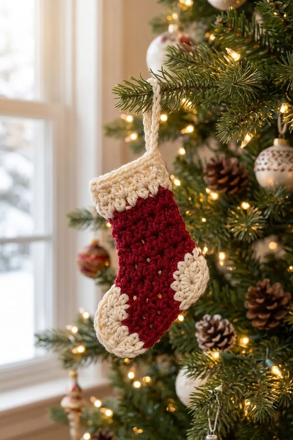 A small crocheted red and cream stocking ornament hanging from an evergreen Christmas tree branch.
