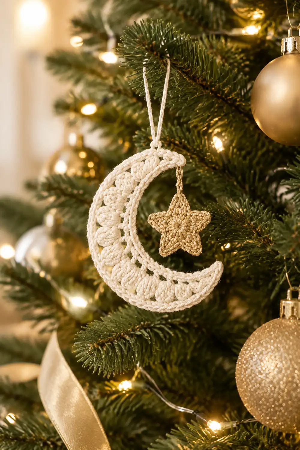 Crocheted cream moon and gold star ornament hanging on Christmas tree with warm lights and beige baubles.