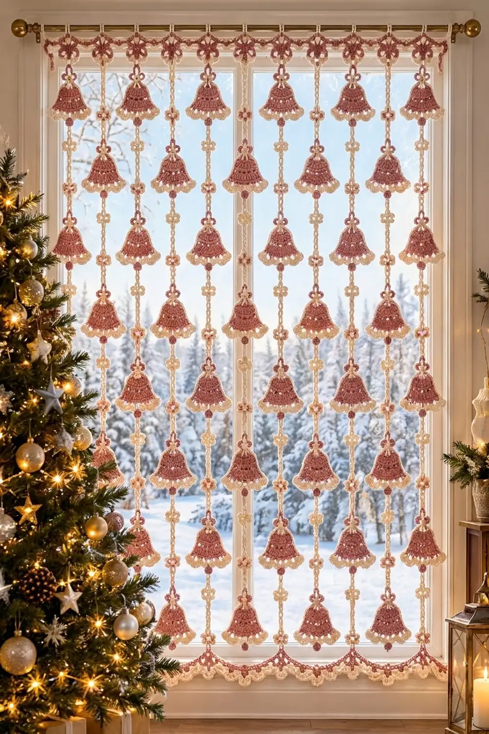 A beaded bell curtain in rose and gold tones hangs on a window beside a decorated Christmas tree.