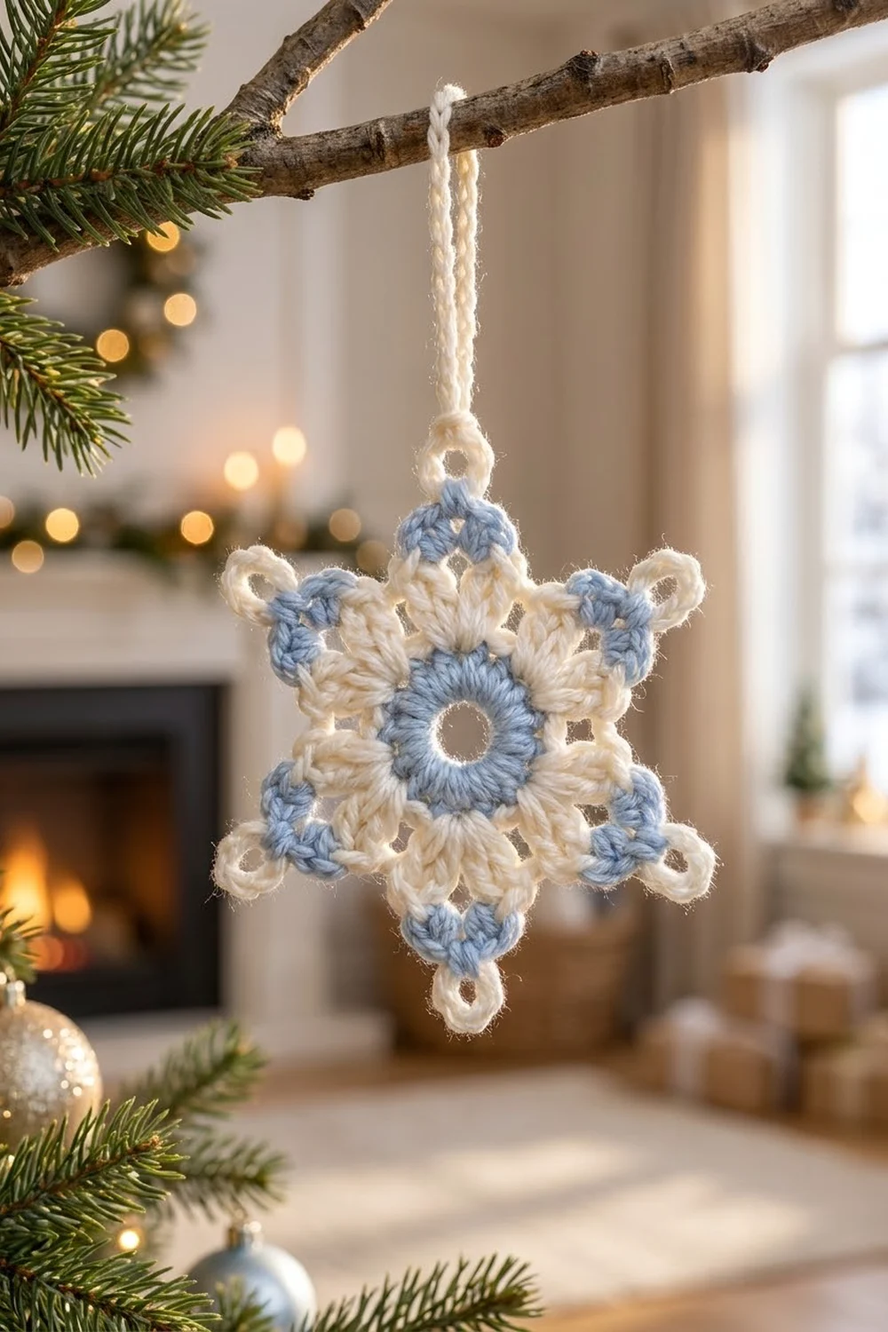 A blue and cream crocheted snowflake ornament hangs from a branch near evergreen garland and fireplace.