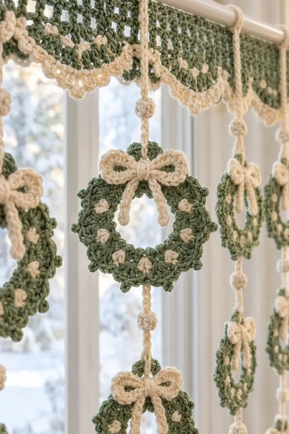 Crocheted green and cream garland with wreath and bow ornaments hanging in a sunlit window.