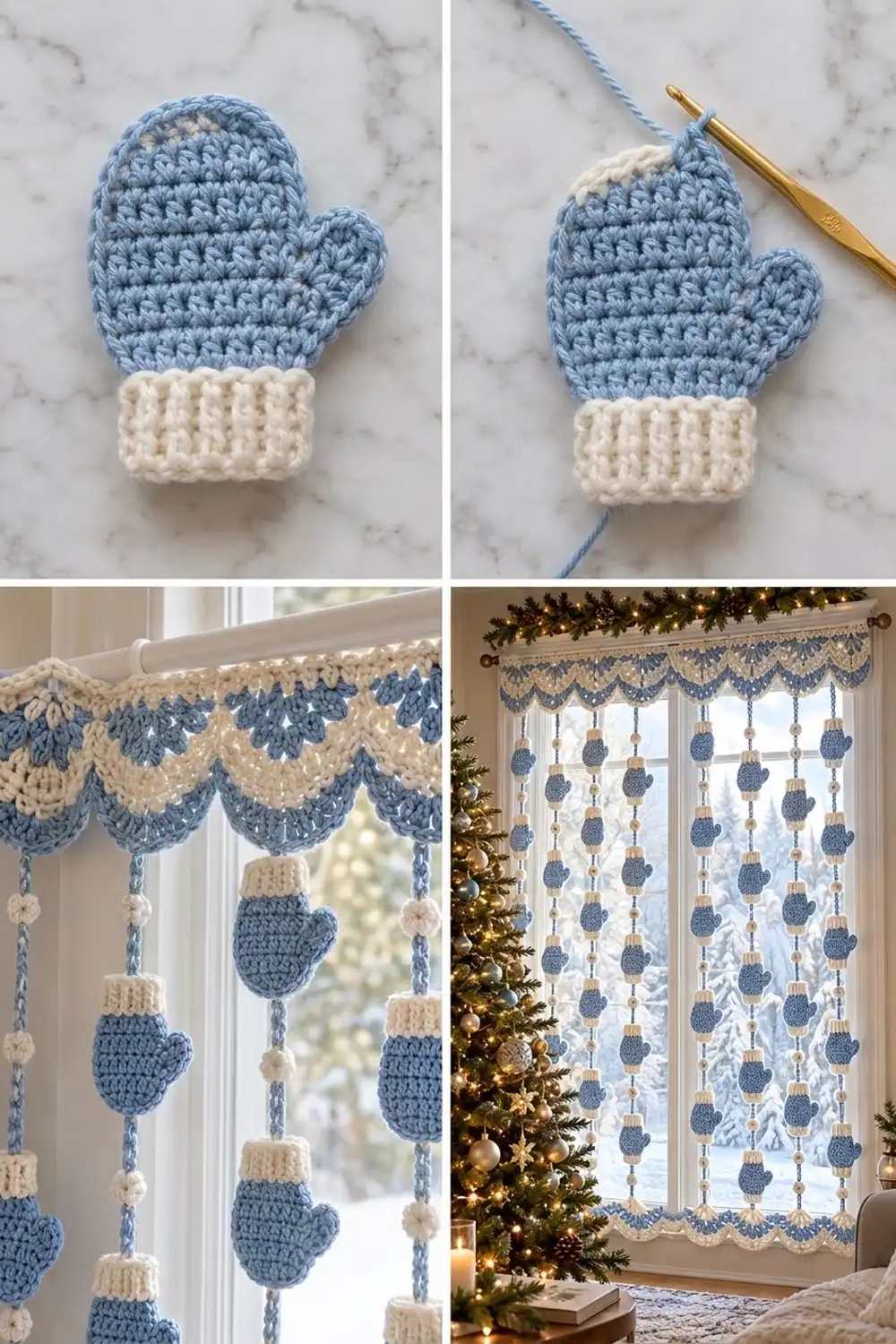 A crocheted blue and cream mitten ornament displayed in holiday window decorations with matching garland and hanging mittens.