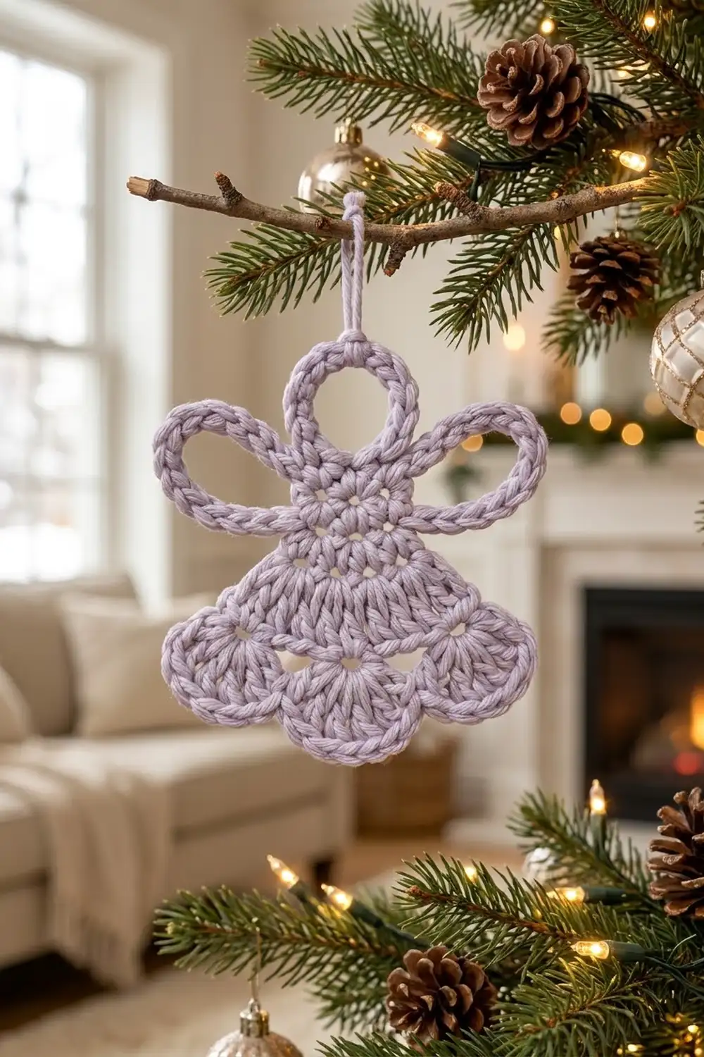 A lavender crocheted angel ornament hangs from an evergreen branch amid pinecones and warm lights.