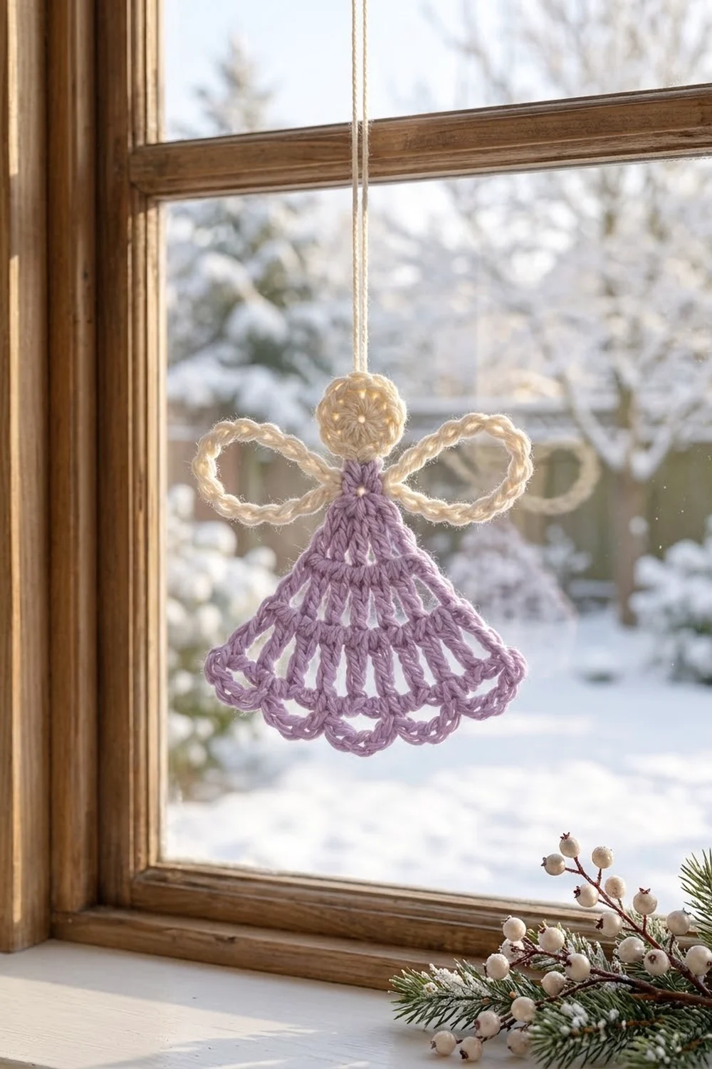 A crocheted purple and cream angel ornament hangs in a wooden-framed window overlooking snowy landscape.