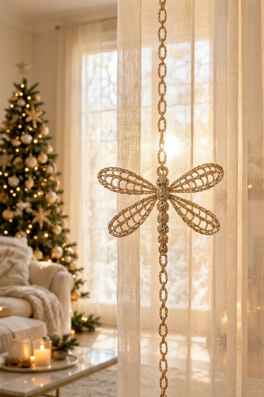 A gold beaded dragonfly ornament hangs from a chain on sheer curtains in a warm, festive holiday room.