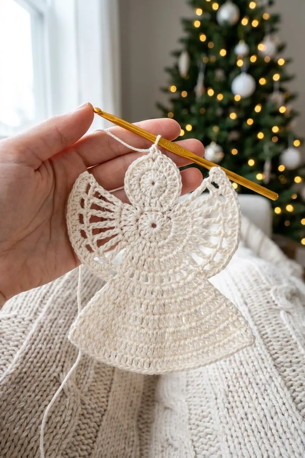 A crocheted cream-colored angel ornament held in hands with a golden crochet hook against a blurred Christmas tree.
