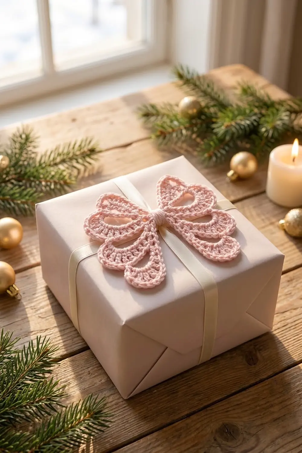 A white gift box adorned with a pink crocheted bow sits on wooden flooring surrounded by evergreen branches and gold ornaments.