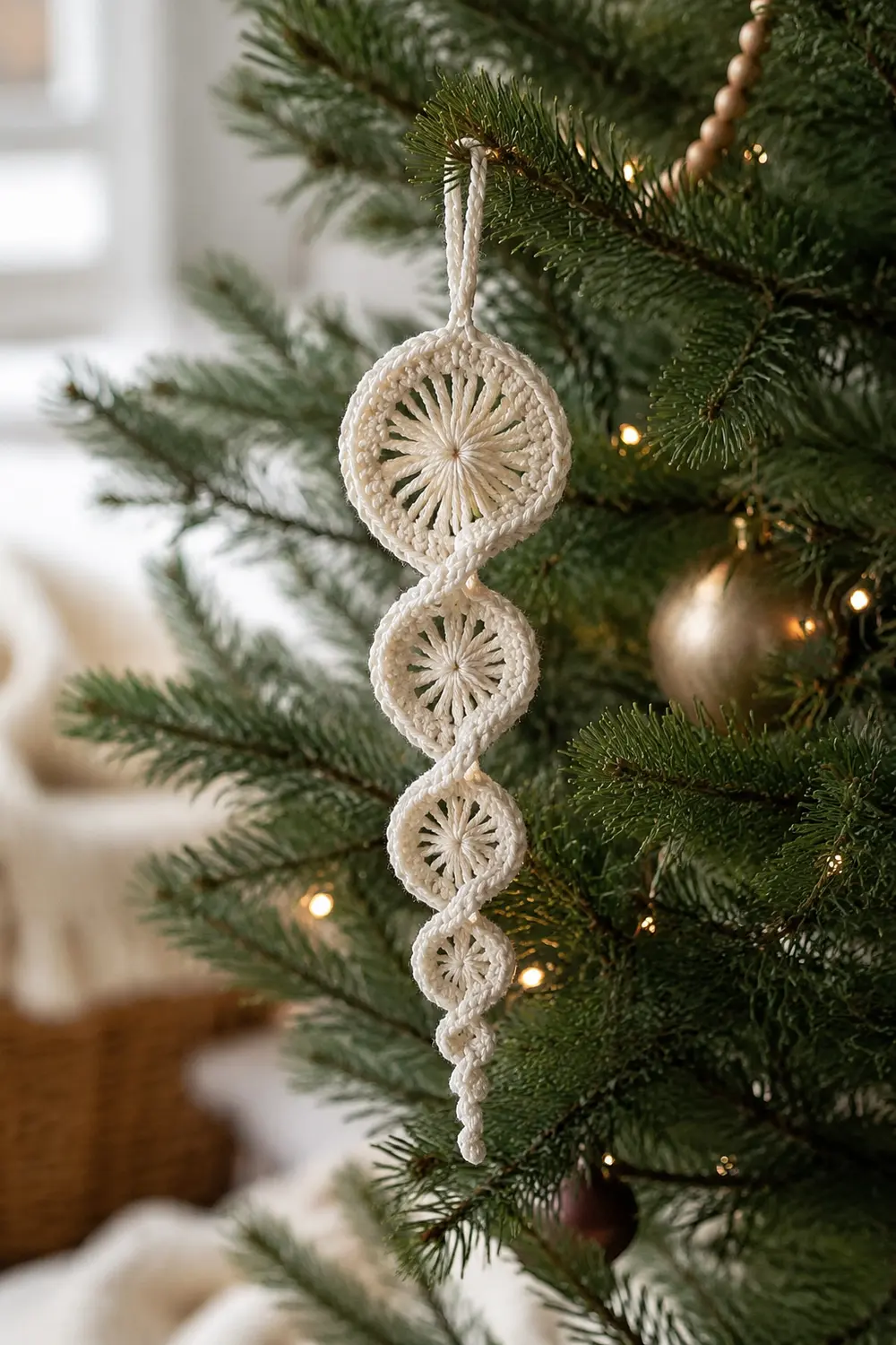 A cream-colored crocheted ornament with four circular medallions hangs from an evergreen branch among gold lights.