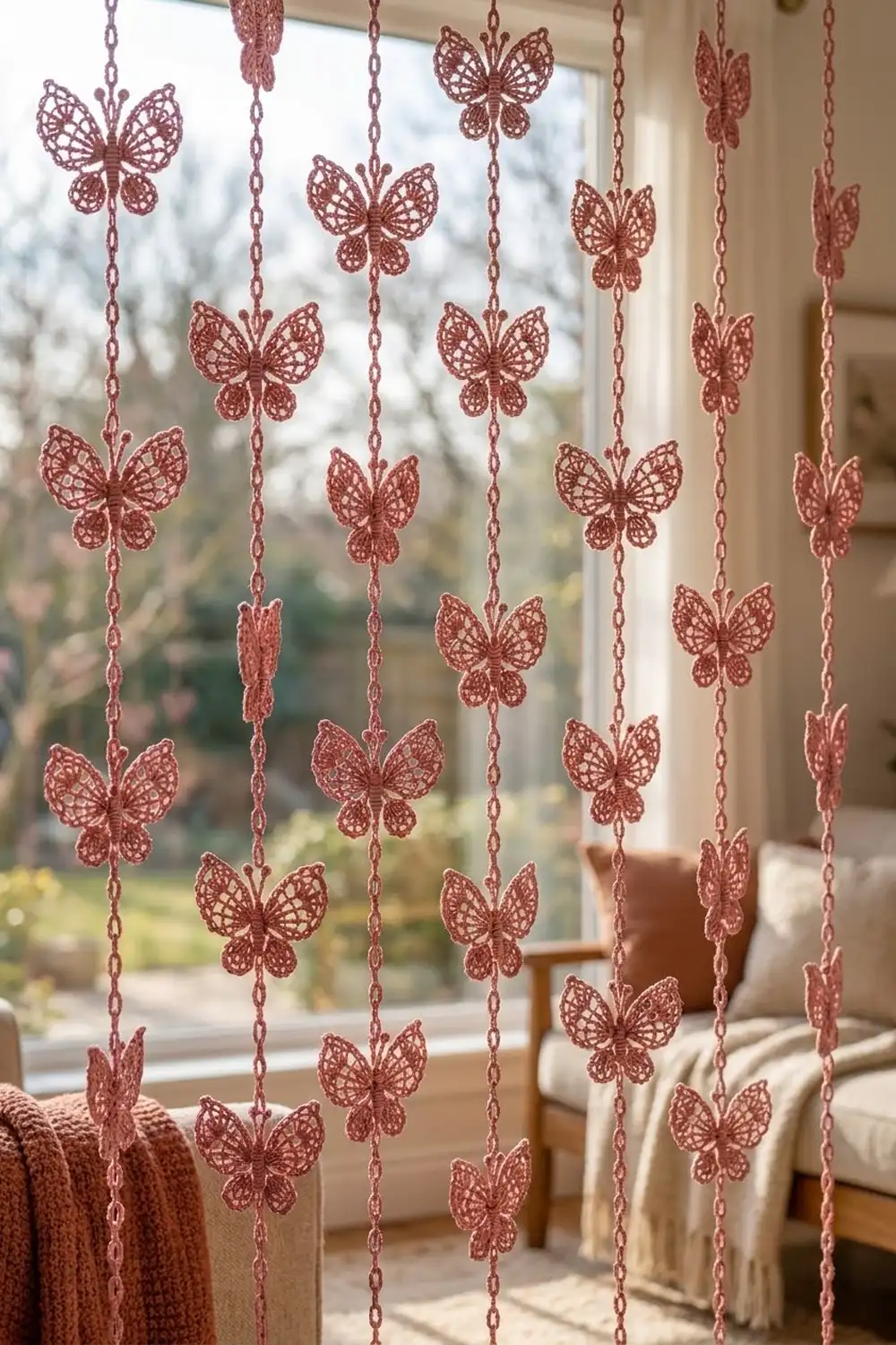 Rose gold lace butterfly garland hanging in a sunlit window above cream furniture.