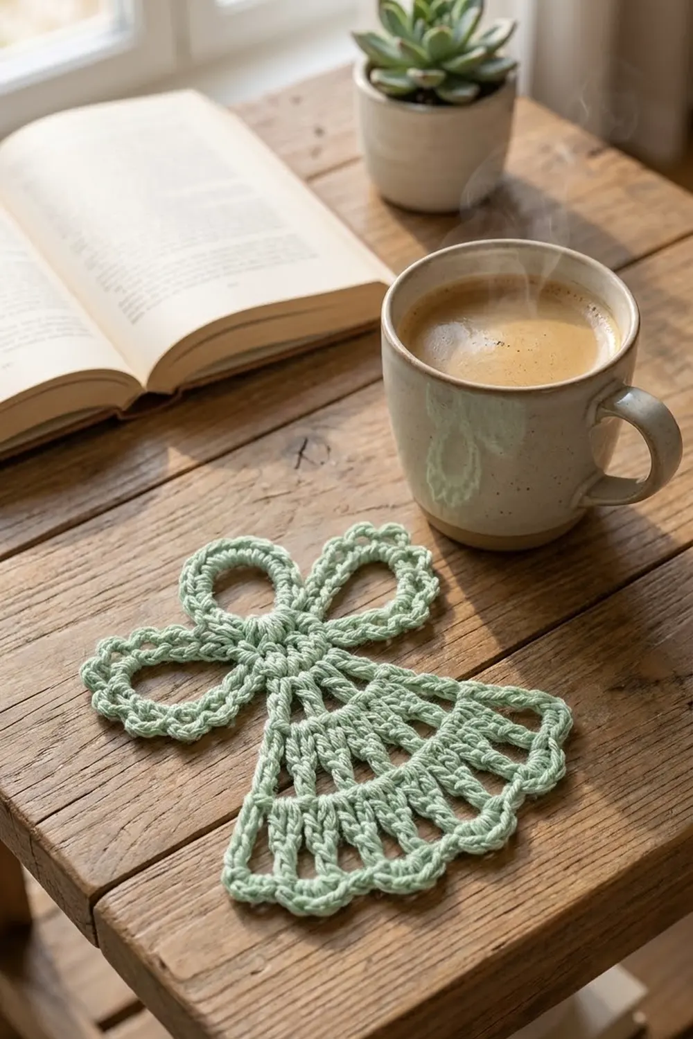 A sage green crocheted butterfly ornament displayed on a wooden table beside a coffee mug and open book.