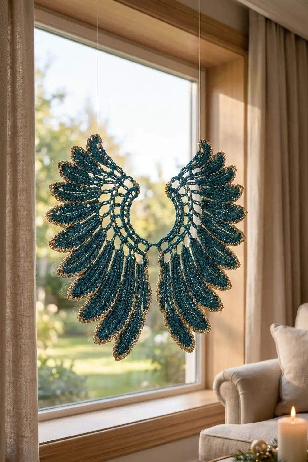 A teal and gold crocheted wing ornament hangs in a sunlit window above a cream armchair and candle.
