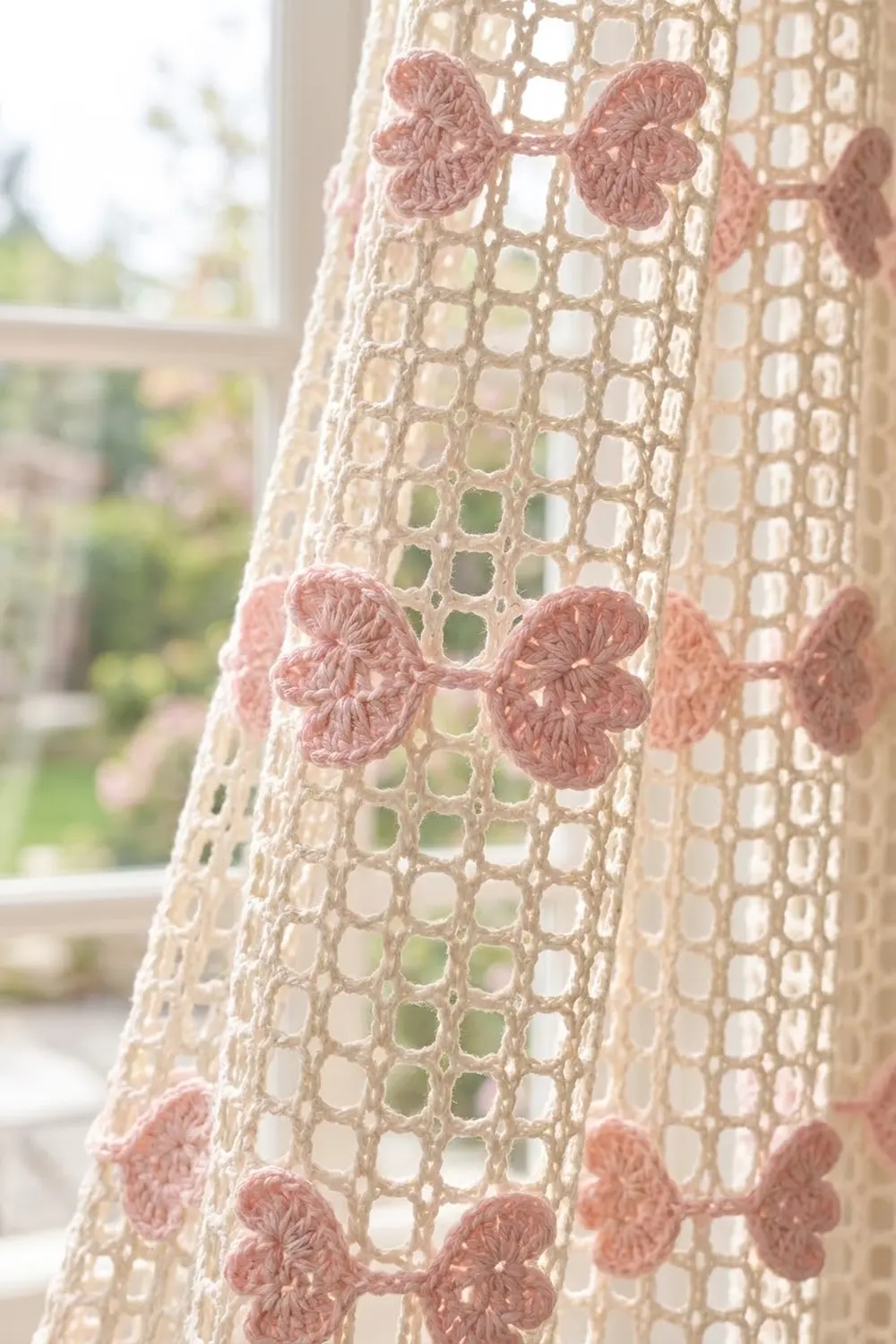 A delicate crocheted curtain with cream grid pattern and pink butterfly appliqués hanging in a sunny window.