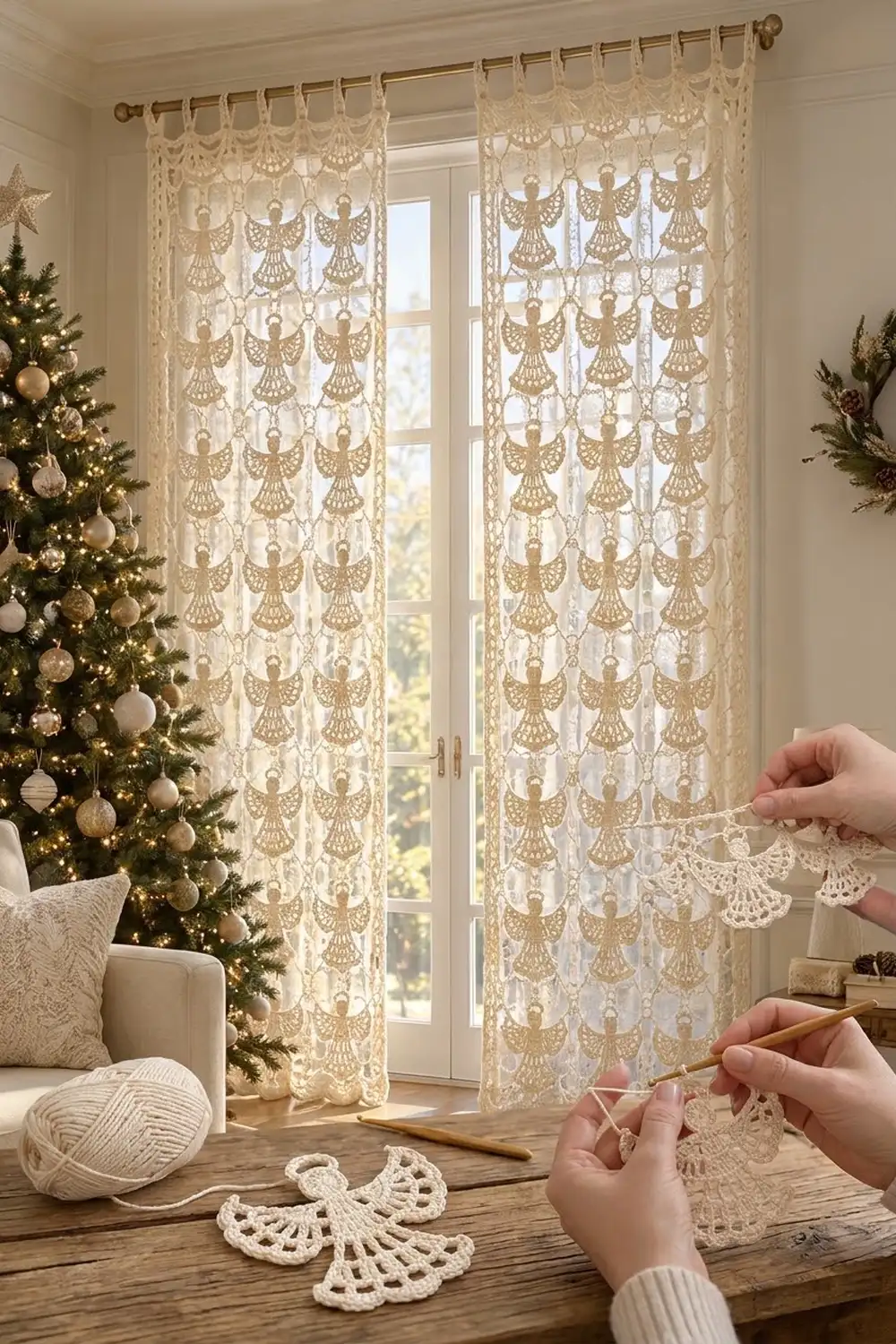 Hands crocheting lace angel ornaments at a wooden table beside cream curtains and decorated Christmas tree.