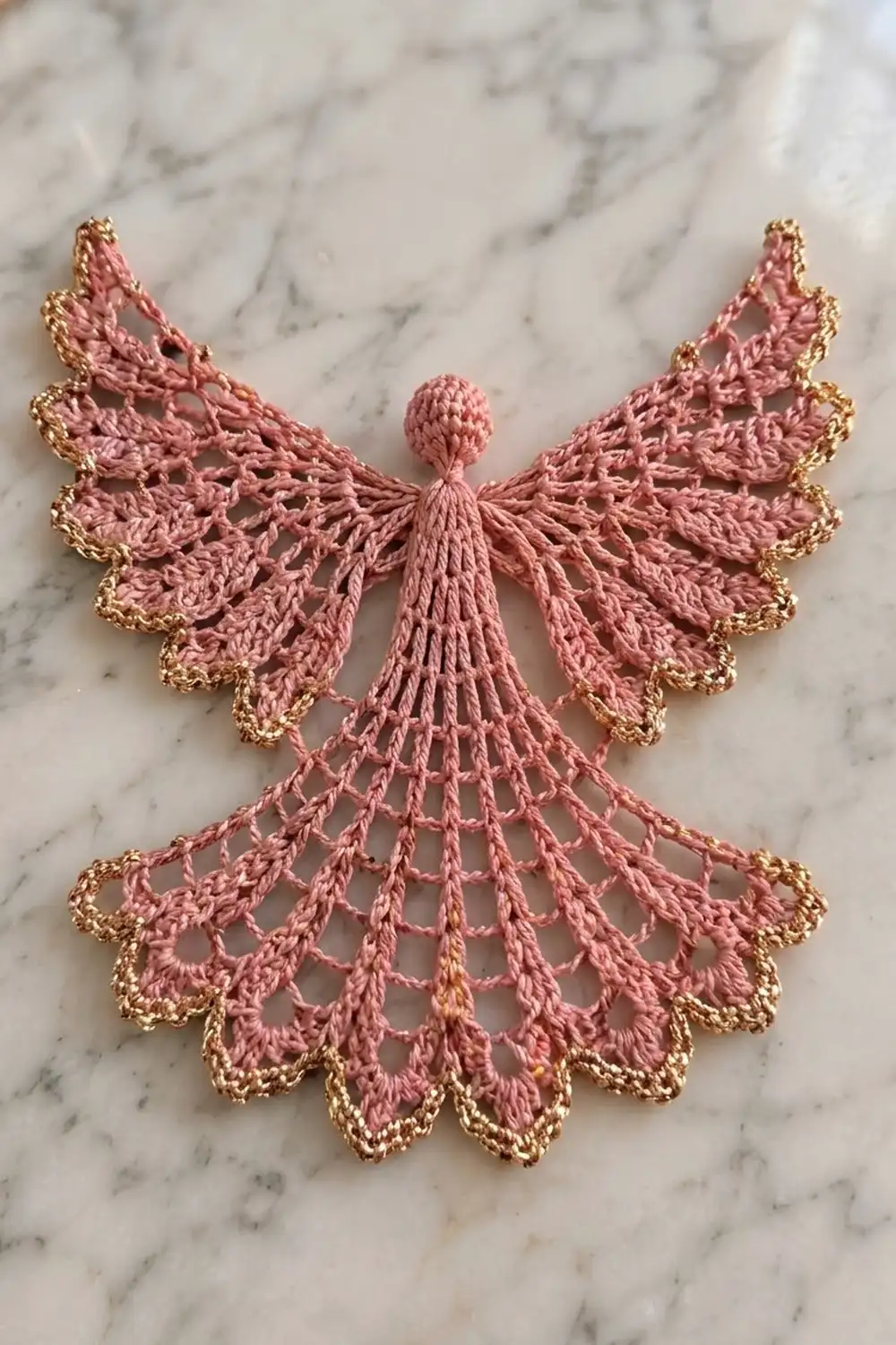 A delicate pink crocheted angel ornament with gold-trimmed wings displayed on white marble background.