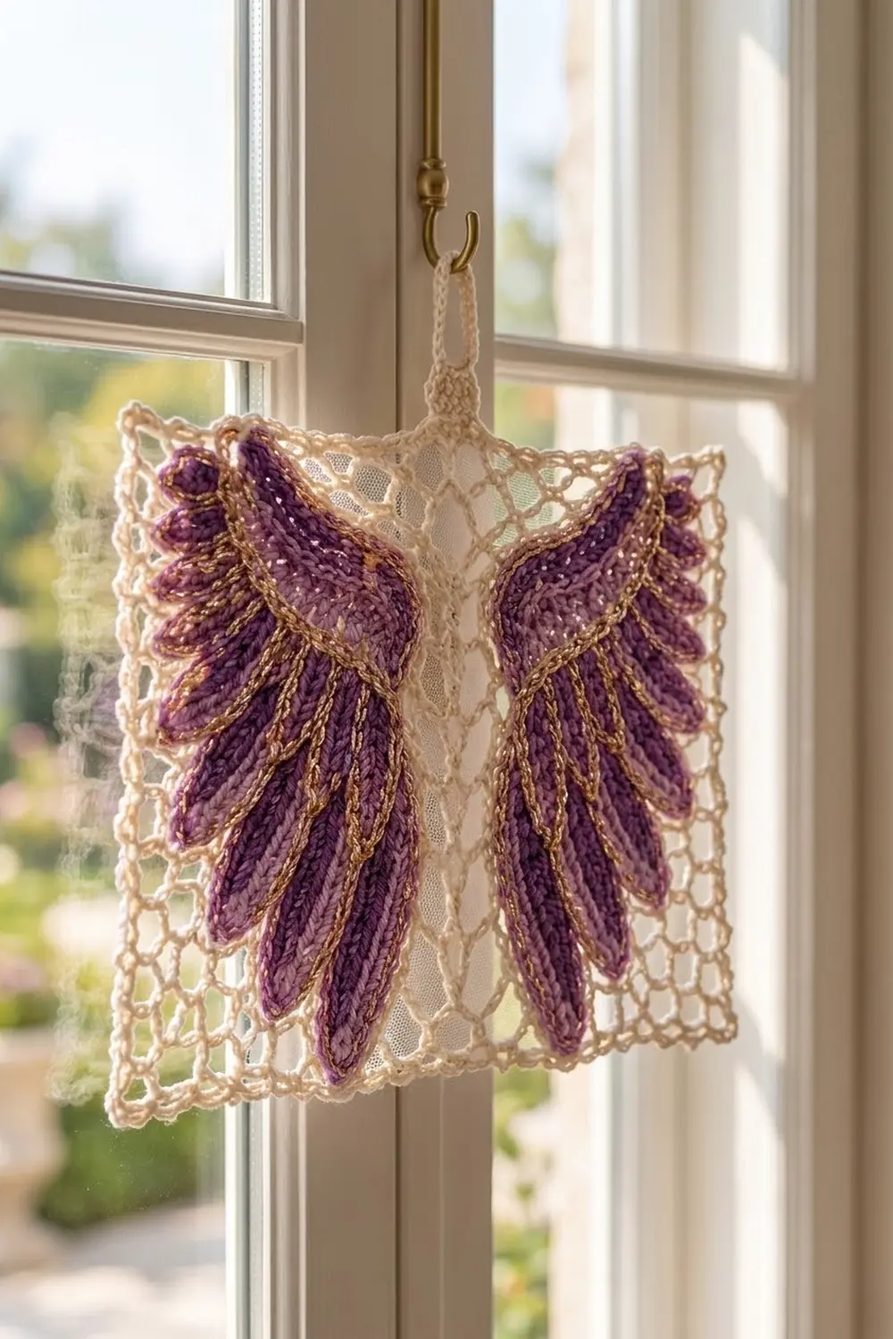 A crocheted wing ornament with purple and gold embroidery hangs from a brass hook on a window frame.